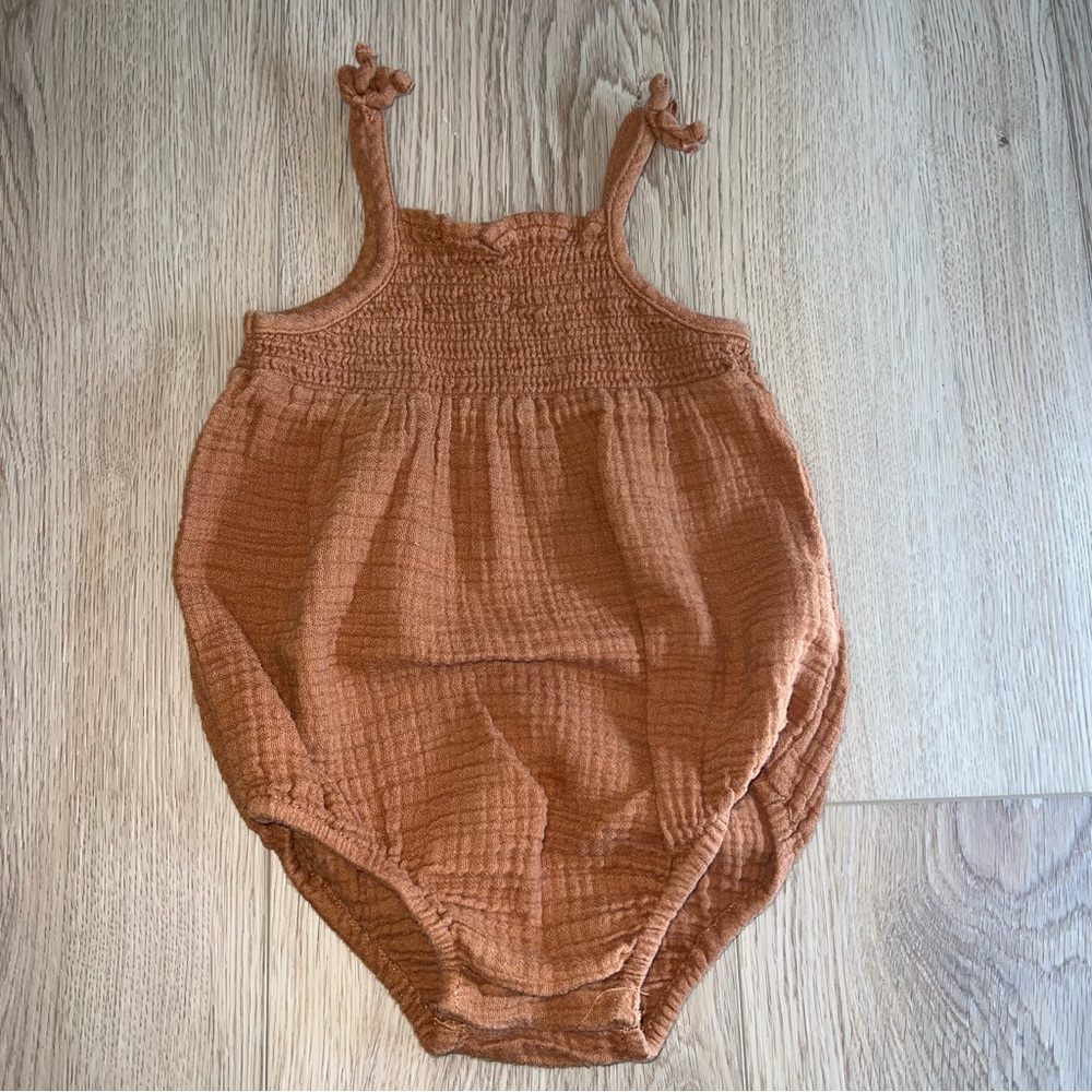Rust Muslin Smocked Onesie Bubble